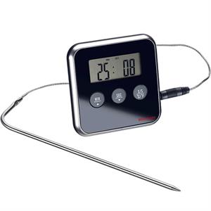 Digitalt stege-, grill- og køkken-termometer med timer, 1 meter ledning og spyd,  0-250 graders skala